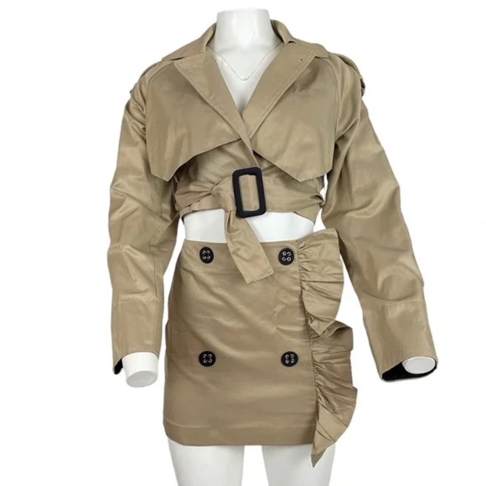 Beige Cropped Trench Jacket Belted Utility Coat Chic NWT - Picture 6 of 6